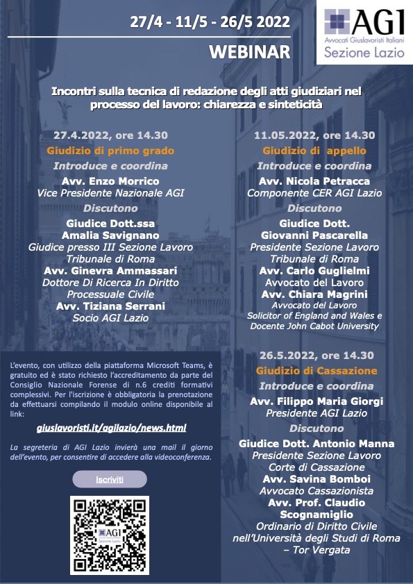 Webinar "Incontri sul tema della redazione degli  atti giudiziari nel processo del lavoro, anche alla luce dei principi di chiarezza e sinteticità di cui al progetto di riforma del processo civile"